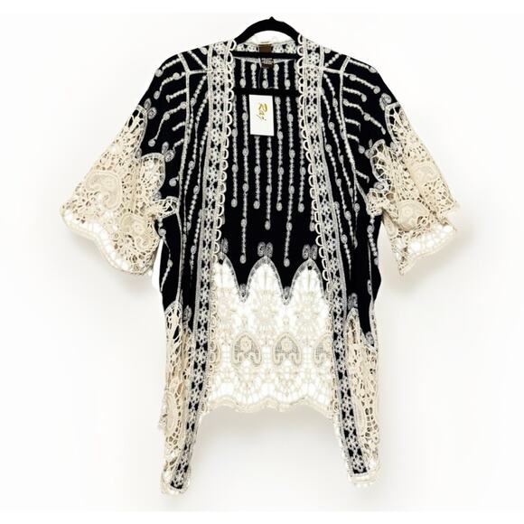 NWT Anthro Raj Crochet Black Ivory Kimono Open Cardigan Cover Top One Size Boho - Picture 1 of 4